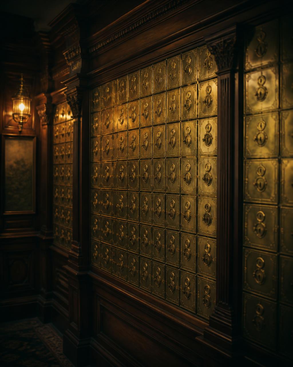 A wall of brass numbered safety deposit boxes in a Victorian bank vault